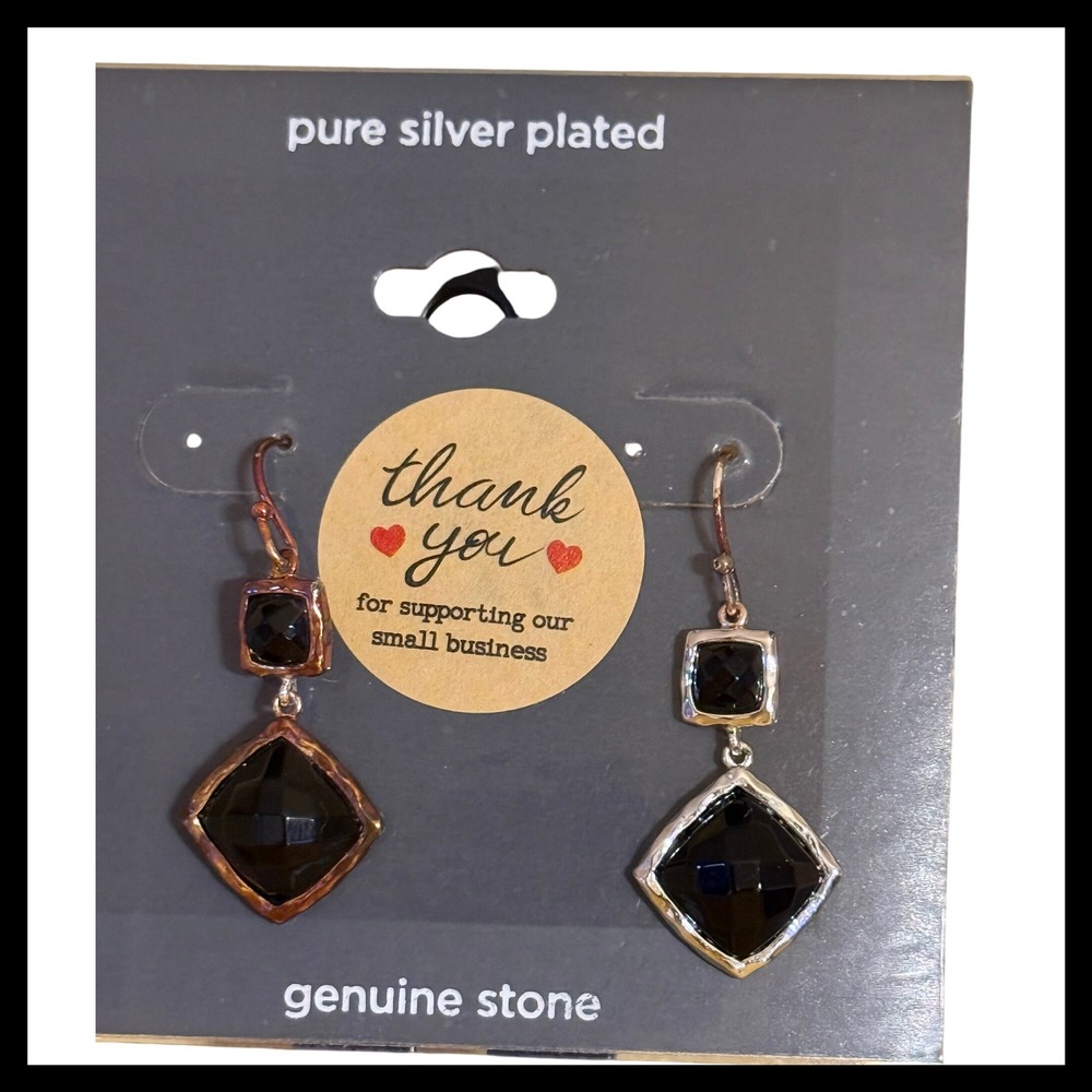 NWOT Pure Silver Plated Genuine Black Stone Square Dangle Earrings